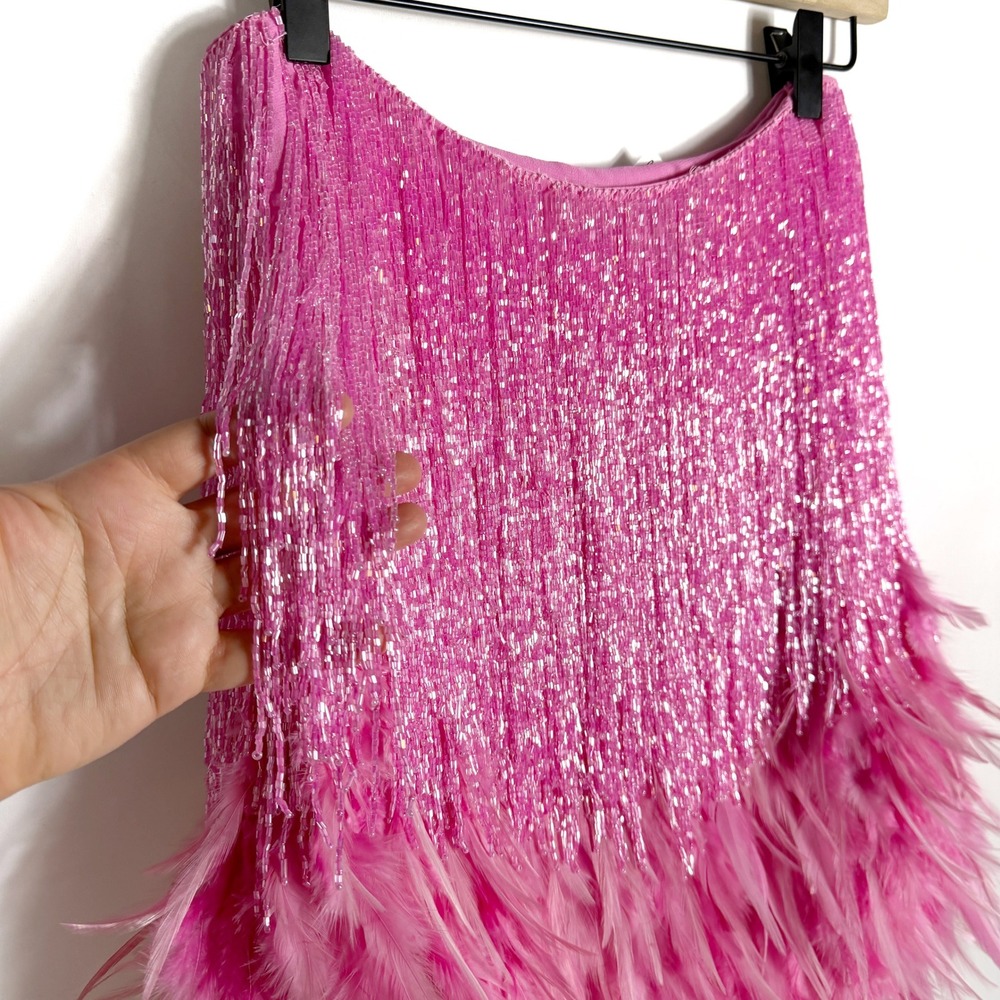 Nadine Merabi Sara Mini Skirt Pink Beaded Fringe Feather Trim Women Sz S/M - Picture 6 of 12